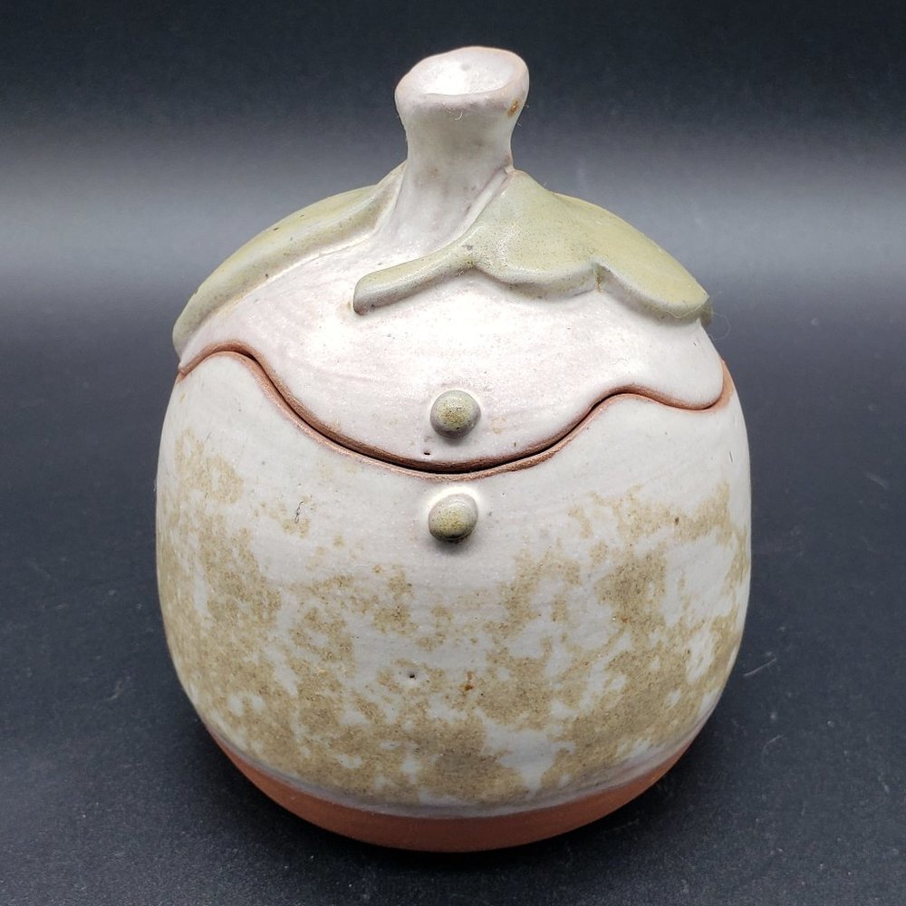 Vintage Signed Hobbiest Cream Green Leaf Turned Art Pottery Ginger Jar with Lid